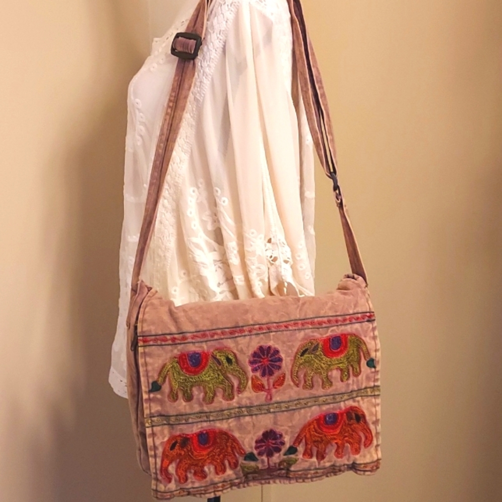 Flying High Embroidered Tan Shoulder Bag